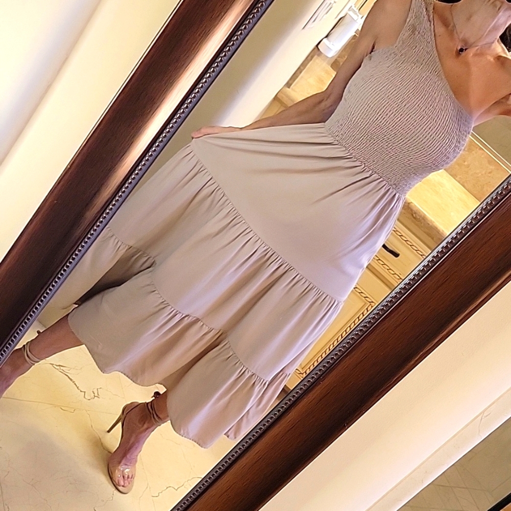 BTFBM Taupe One-shoulder Ruched Top & Flowy Tiered Bottom Summer Dress, S - Picture 3 of 14